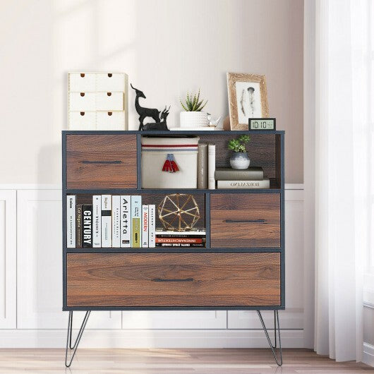 3-Tier Wood Storage Cabinet with Drawers and 4 Metal Legs W2B