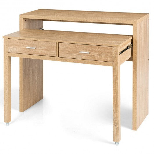 Extendable Computer Desk with Pull Out Secondary Desk-Natural W2B