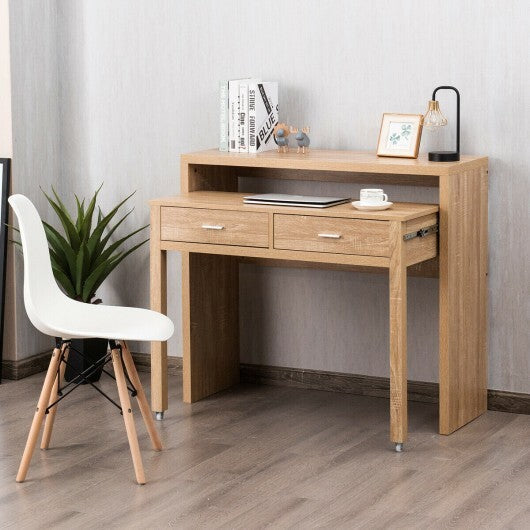 Extendable Computer Desk with Pull Out Secondary Desk-Natural W2B