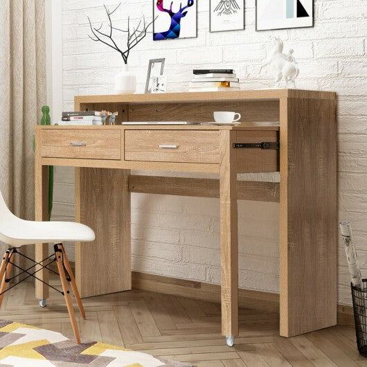 Extendable Computer Desk with Pull Out Secondary Desk-Natural W2B