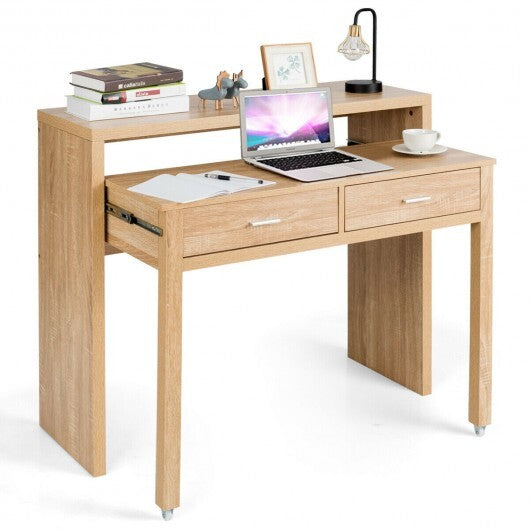 Extendable Computer Desk with Pull Out Secondary Desk-Natural W2B