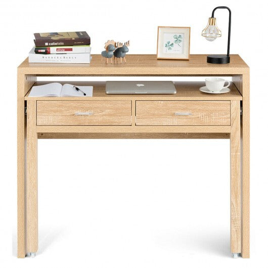 Extendable Computer Desk with Pull Out Secondary Desk-Natural W2B