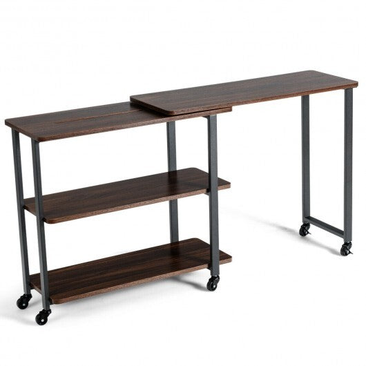 360? Rotating Sofa Side Table with Storage Shelves and Wheels-Rustic Brown