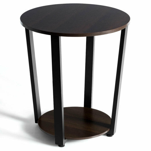 2-tier Round End Table with Storage Shelf and Metal Frame-Brown W2B