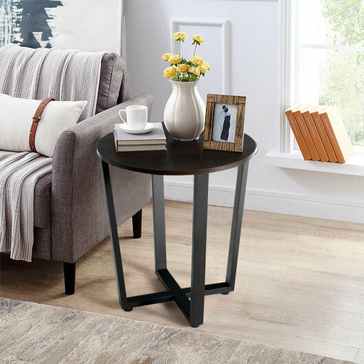 2-tier Round End Table with Storage Shelf and Metal Frame-Brown W2B