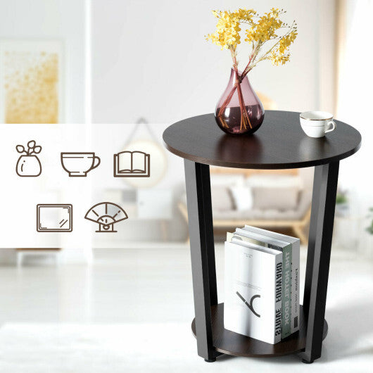 2-tier Round End Table with Storage Shelf and Metal Frame-Brown W2B
