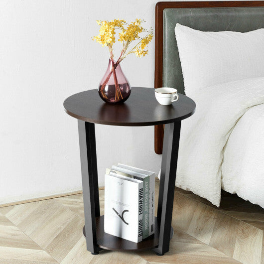 2-tier Round End Table with Storage Shelf and Metal Frame-Brown W2B