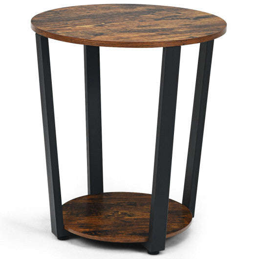 2-tier Round End Table with Storage Shelf and Metal Frame-Brown W2B