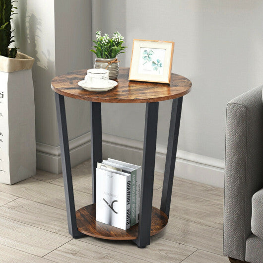 2-tier Round End Table with Storage Shelf and Metal Frame-Brown W2B