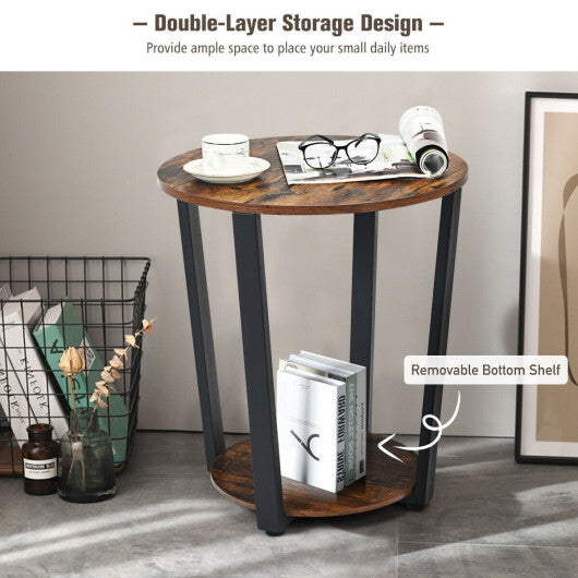2-tier Round End Table with Storage Shelf and Metal Frame-Brown W2B