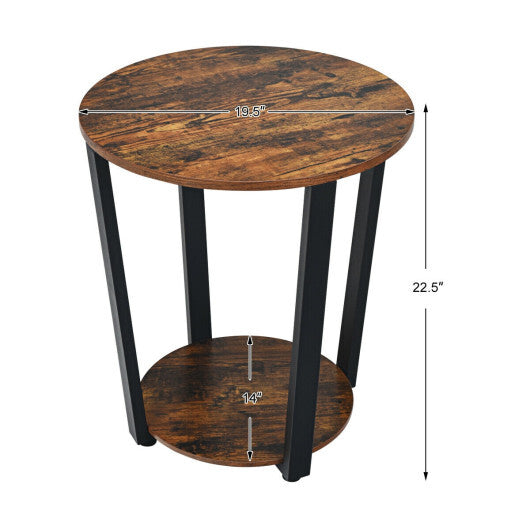 2-tier Round End Table with Storage Shelf and Metal Frame-Brown W2B