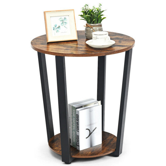 2-tier Round End Table with Storage Shelf and Metal Frame-Brown W2B