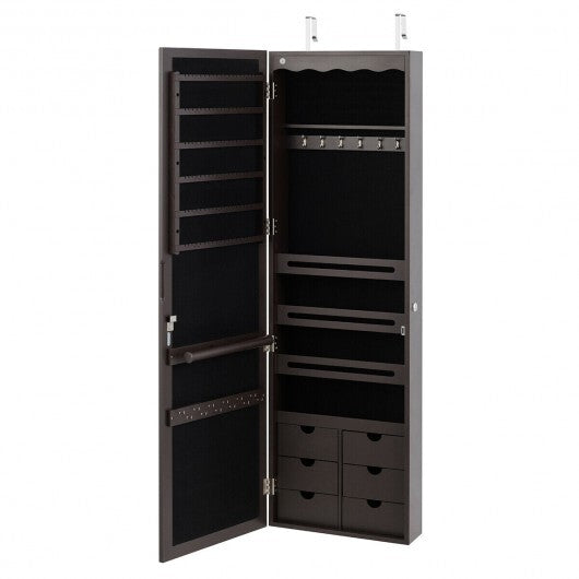 5 LEDs Lockable Mirror Jewelry Cabinet Armoire with 6 Drawers-Brown W2B