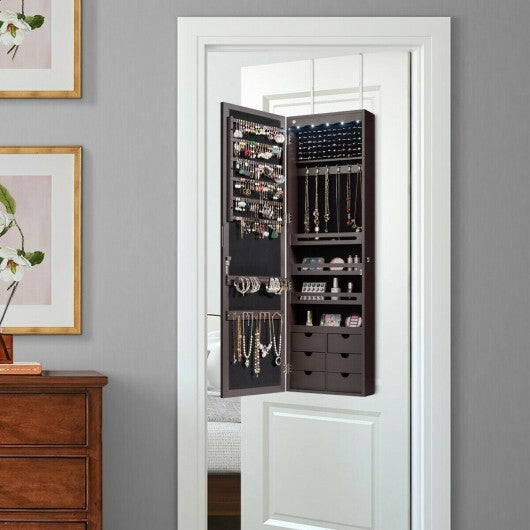5 LEDs Lockable Mirror Jewelry Cabinet Armoire with 6 Drawers-Brown W2B