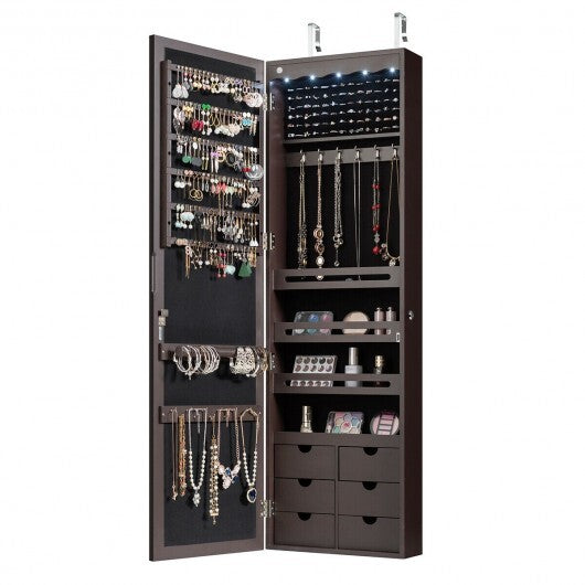 5 LEDs Lockable Mirror Jewelry Cabinet Armoire with 6 Drawers-Brown W2B