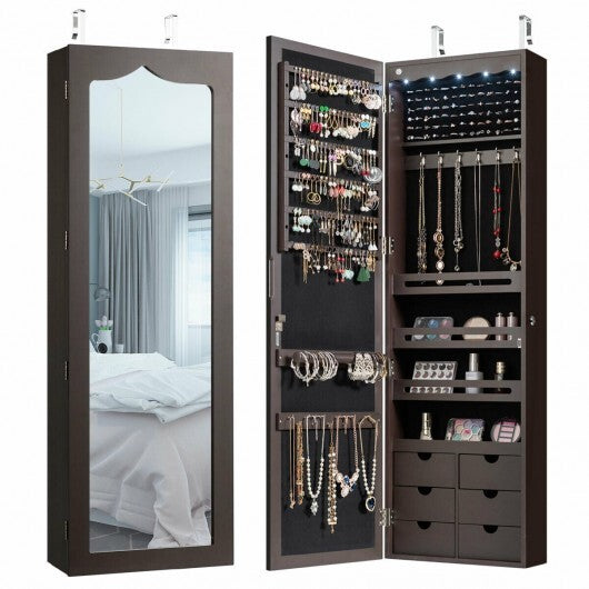 5 LEDs Lockable Mirror Jewelry Cabinet Armoire with 6 Drawers-Brown W2B