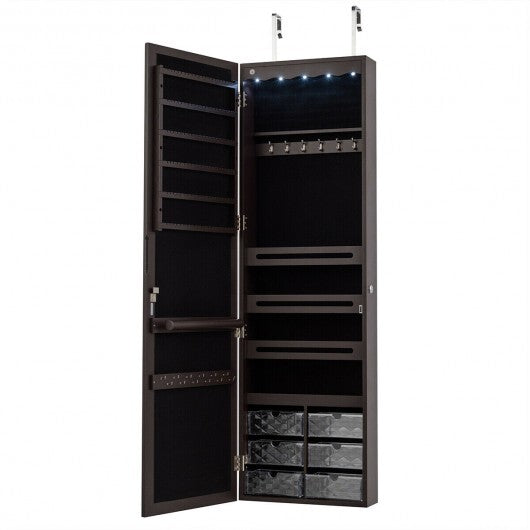 5 LEDs Jewelry Armoire Wall Mounted / Door Hanging Mirror-Brown W2B