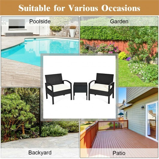 3 Pieces Outdoor Rattan Patio Conversation Set with Seat Cushions-Turquoise W2B