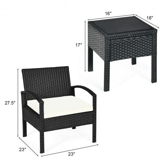 3 Pieces Outdoor Rattan Patio Conversation Set with Seat Cushions-Turquoise W2B