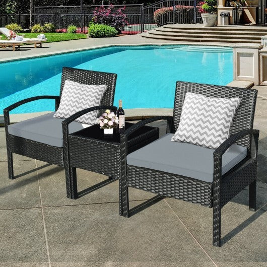 3 Pieces Outdoor Rattan Patio Conversation Set with Seat Cushions-Turquoise W2B