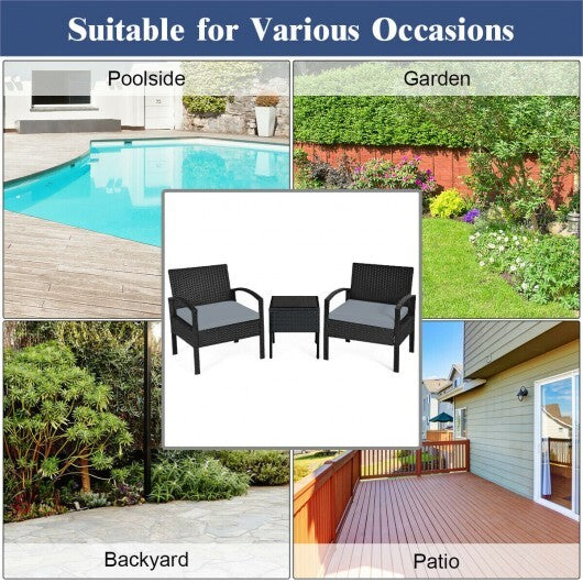 3 Pieces Outdoor Rattan Patio Conversation Set with Seat Cushions-Turquoise W2B