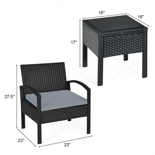 3 Pieces Outdoor Rattan Patio Conversation Set with Seat Cushions-Turquoise W2B
