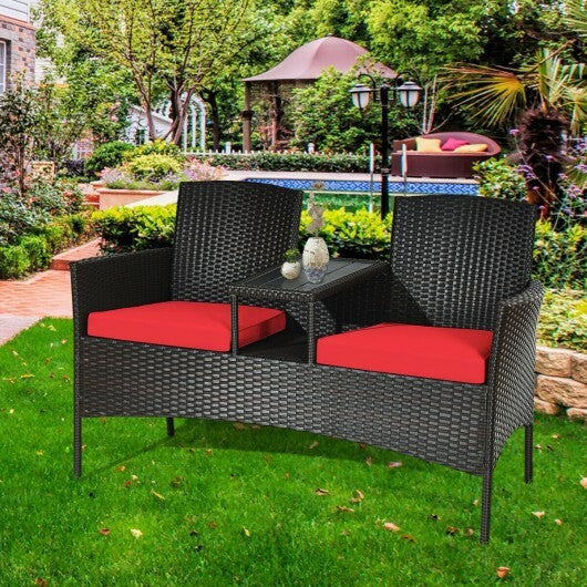 Modern Patio Conversation Set with Built-in Coffee Table and Cushions -Red W2B