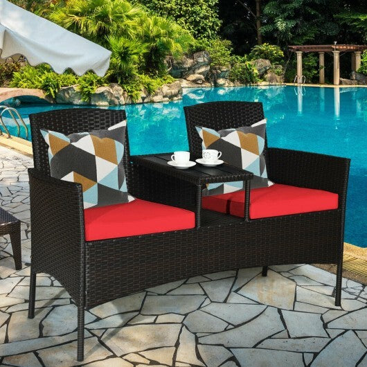 Modern Patio Conversation Set with Built-in Coffee Table and Cushions -Red W2B