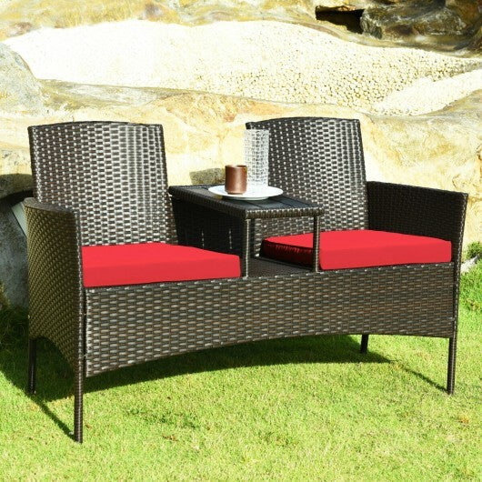 Modern Patio Conversation Set with Built-in Coffee Table and Cushions -Red W2B