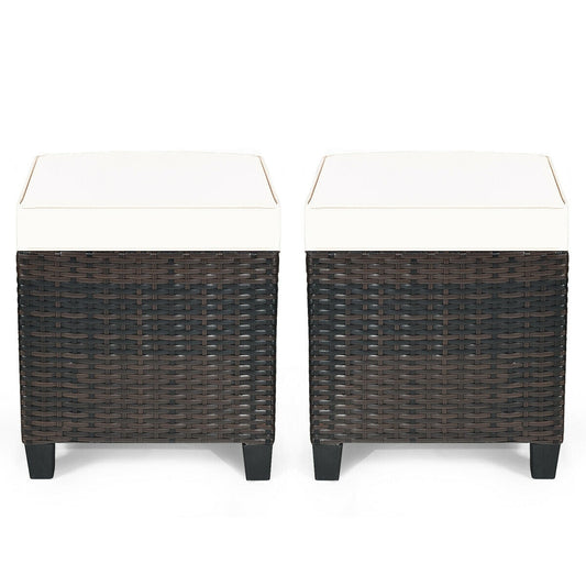 2 Pieces Patio Rattan Ottoman Set with Removable Cushions-White - Color: White W2B