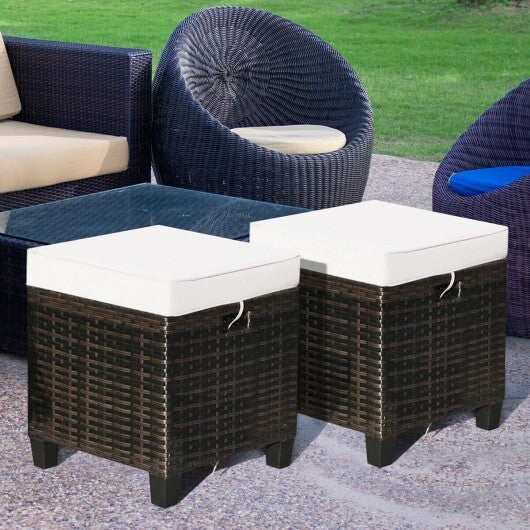 2 Pieces Patio Rattan Ottoman Set with Removable Cushions-White - Color: White W2B