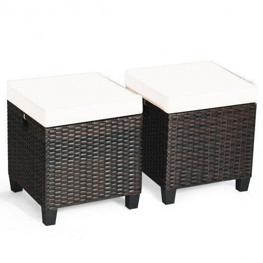 2 Pieces Patio Rattan Ottoman Set with Removable Cushions-White - Color: White W2B
