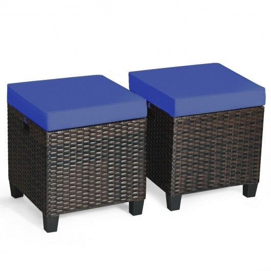 2 Pieces Patio Rattan Ottoman Set with Removable Cushions-Navy - Color: Navy W2B