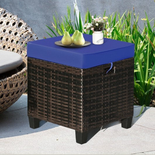 2 Pieces Patio Rattan Ottoman Set with Removable Cushions-Navy - Color: Navy W2B