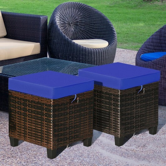 2 Pieces Patio Rattan Ottoman Set with Removable Cushions-Navy - Color: Navy W2B