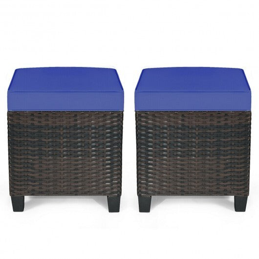 2 Pieces Patio Rattan Ottoman Set with Removable Cushions-Navy - Color: Navy W2B