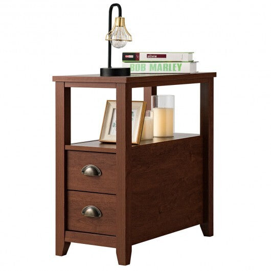 End Table Wooden with 2 Drawers and Shelf Bedside Table-Brown W2B