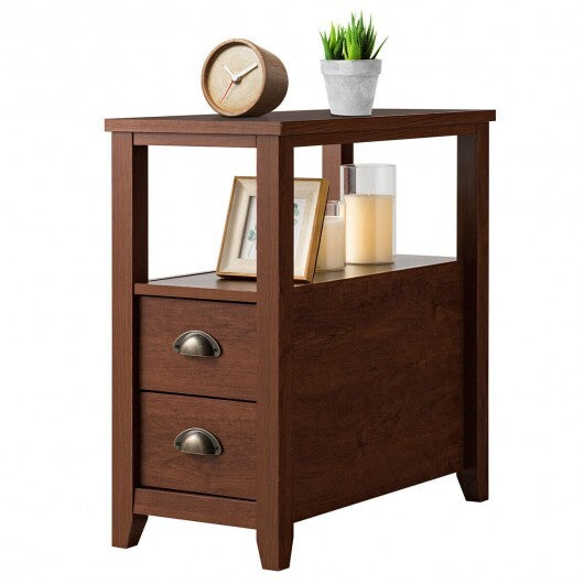 End Table Wooden with 2 Drawers and Shelf Bedside Table-Brown W2B