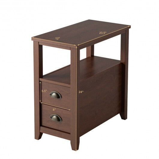 End Table Wooden with 2 Drawers and Shelf Bedside Table-Brown W2B