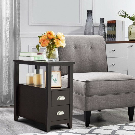 End Table Wooden with 2 Drawers and Shelf Bedside Table-Brown W2B