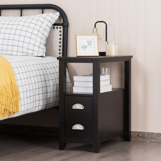 End Table Wooden with 2 Drawers and Shelf Bedside Table-Brown W2B