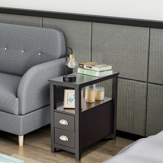 End Table Wooden with 2 Drawers and Shelf Bedside Table-Brown W2B