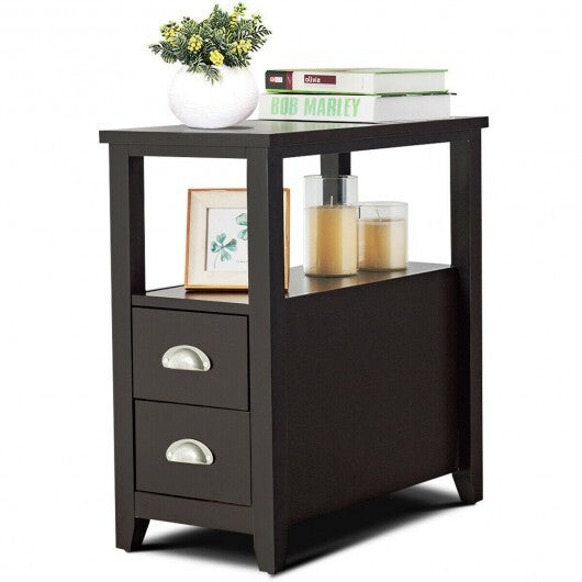 End Table Wooden with 2 Drawers and Shelf Bedside Table-Brown W2B