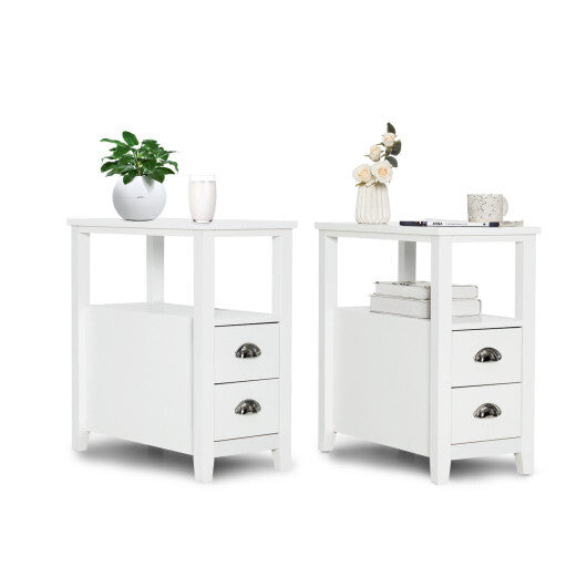 Set of 2 End Table Wooden with 2 Drawer & Shelf Bedside Table-Brown W2B