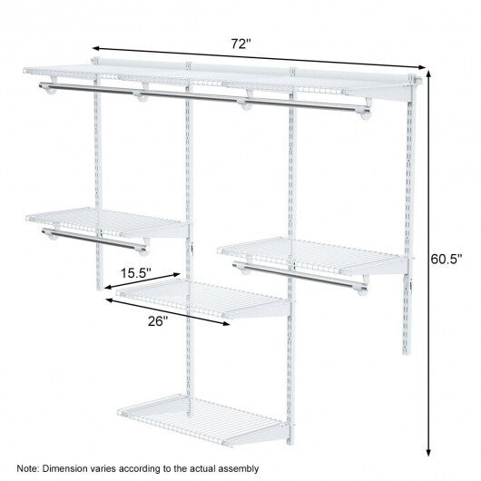 Adjustable Wall Mounted Closet Rack System with Shelf - Color: White W2B