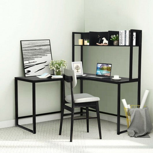 Reversible L-Shaped Corner Desk with Storage Bookshelf-Black W2B