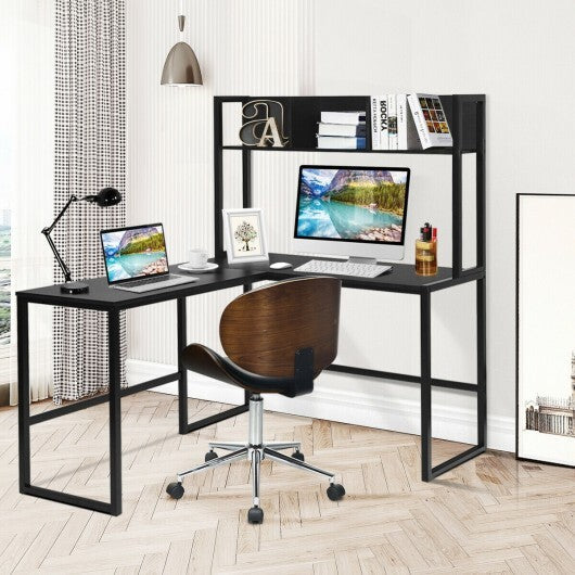 Reversible L-Shaped Corner Desk with Storage Bookshelf-Black W2B