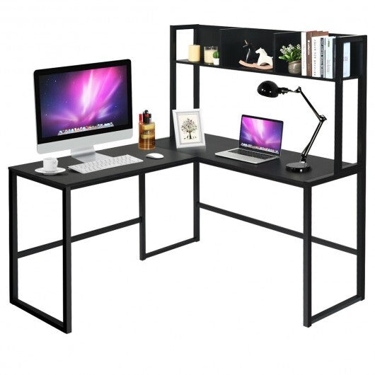 Reversible L-Shaped Corner Desk with Storage Bookshelf-Black W2B