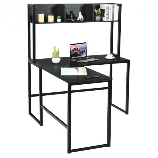 Reversible L-Shaped Corner Desk with Storage Bookshelf-Black W2B