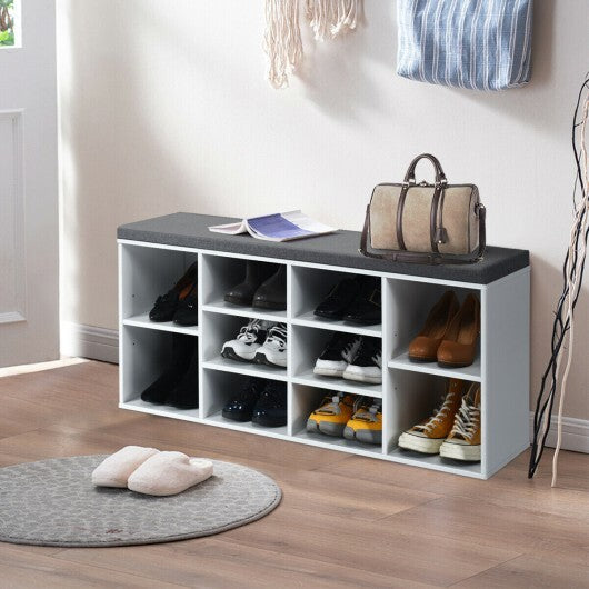 10-Cube Organizer Shoe Storage Bench with Cushion for Entryway-White - Color: White W2B